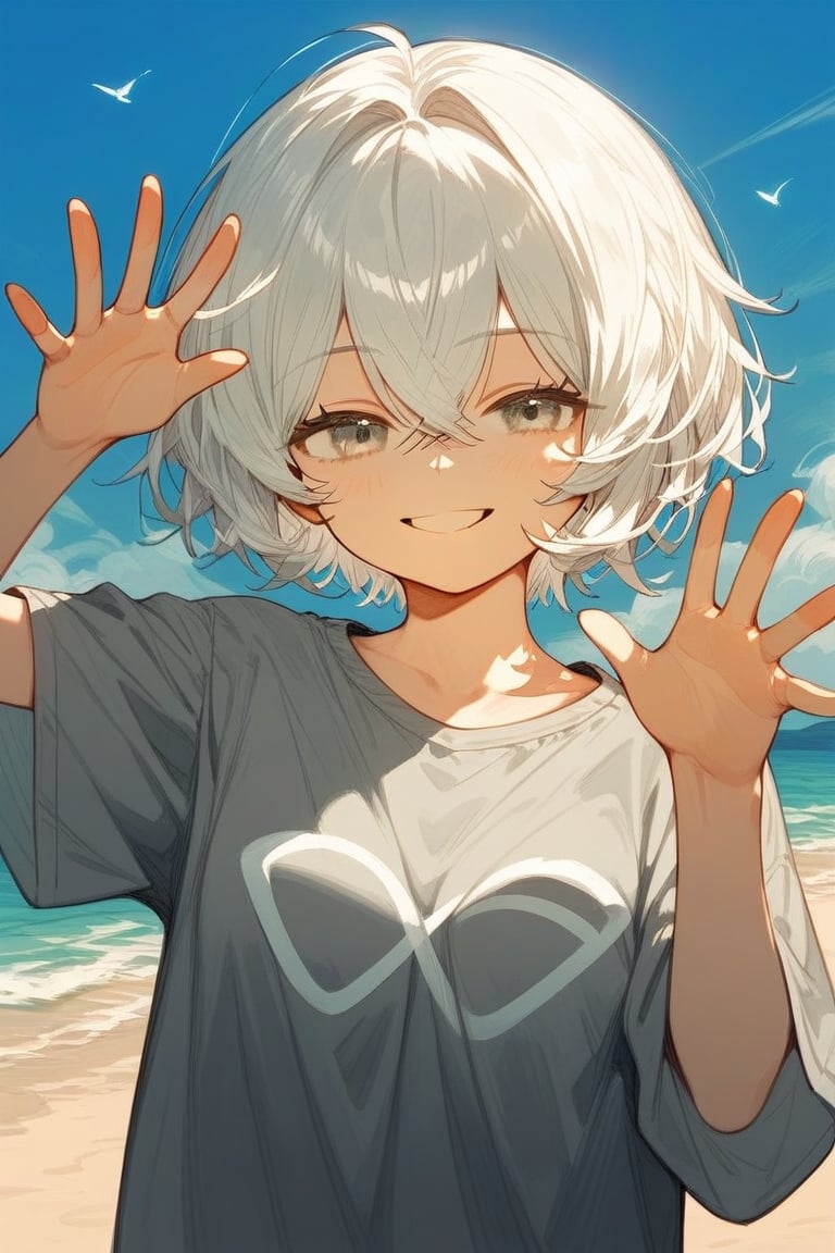 score_9_up,score_8_up, source_anime, 1girl,white hair,short hair,crossed bangs,grey shirt,,narrowed eyes,smile, waving