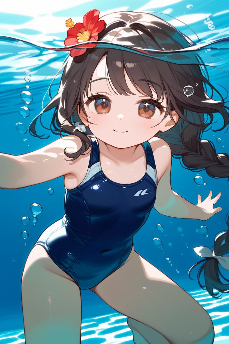 score_9_up,score_8_up, source_anime, 1girl, hot outside,summer,kid, at the pool, with mother, brunette, cute swimsuit, braided ponytail, cute, brown eyes, underwater, flower in hair, smiling, mouth closed, holding breath, 