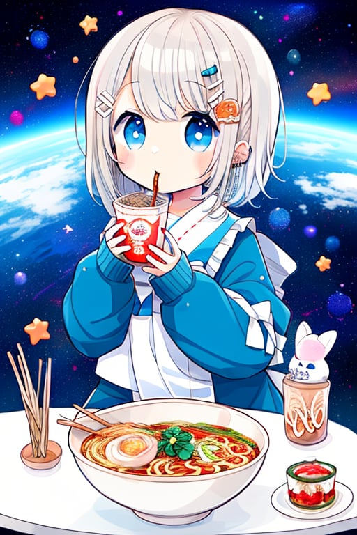 score_9_up,score_8_up, source_anime, 1girl, girl with white short hair in a space themed room eating ramen, high quality 