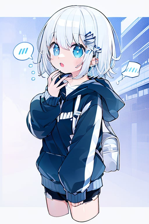 a girl with white short hair arguing with someone, hands covered by hoodie