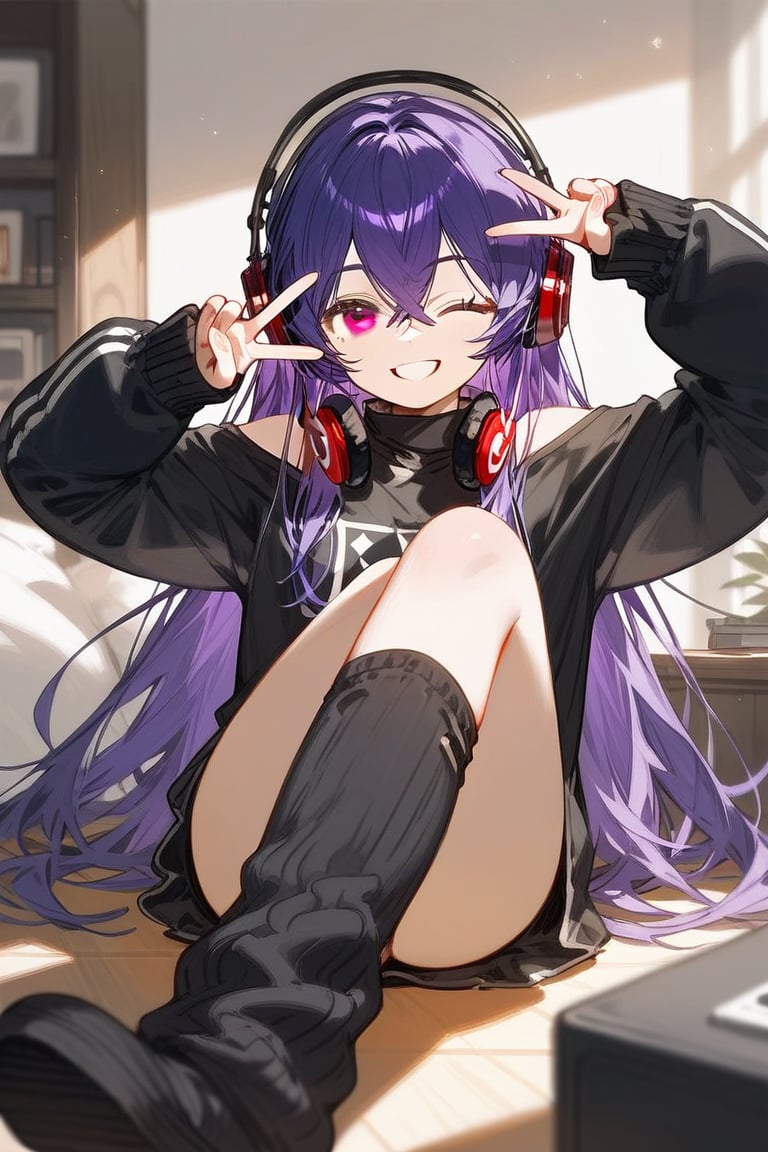 score_9_up,score_8_up, source_anime, 1girl,dark purple,long hair,crossed bangs,black shirt,,narrowed eyes,wink, peace signing, smile, shining hair, brown eyes, scene, in room, headphones, arm warmers, leg warmers, scene clothing, eyebags