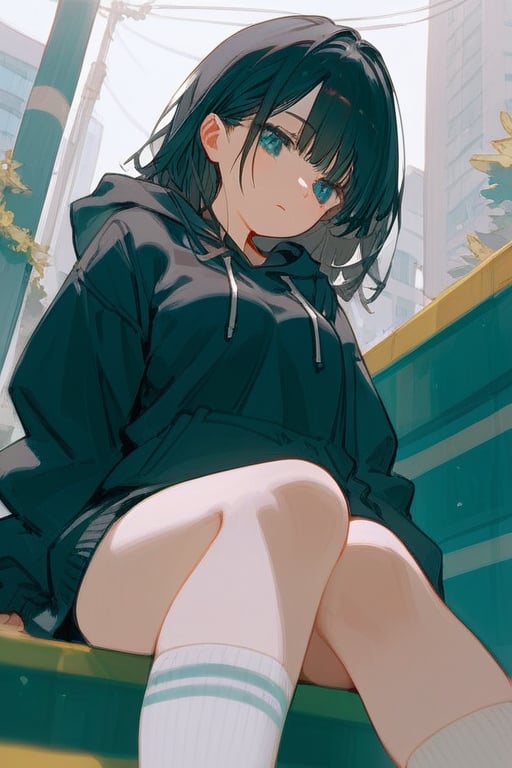 score_9_up,score_8_up, source_anime, 1girl, black hair, no pants on, knee socks, hoodie goes down to waist