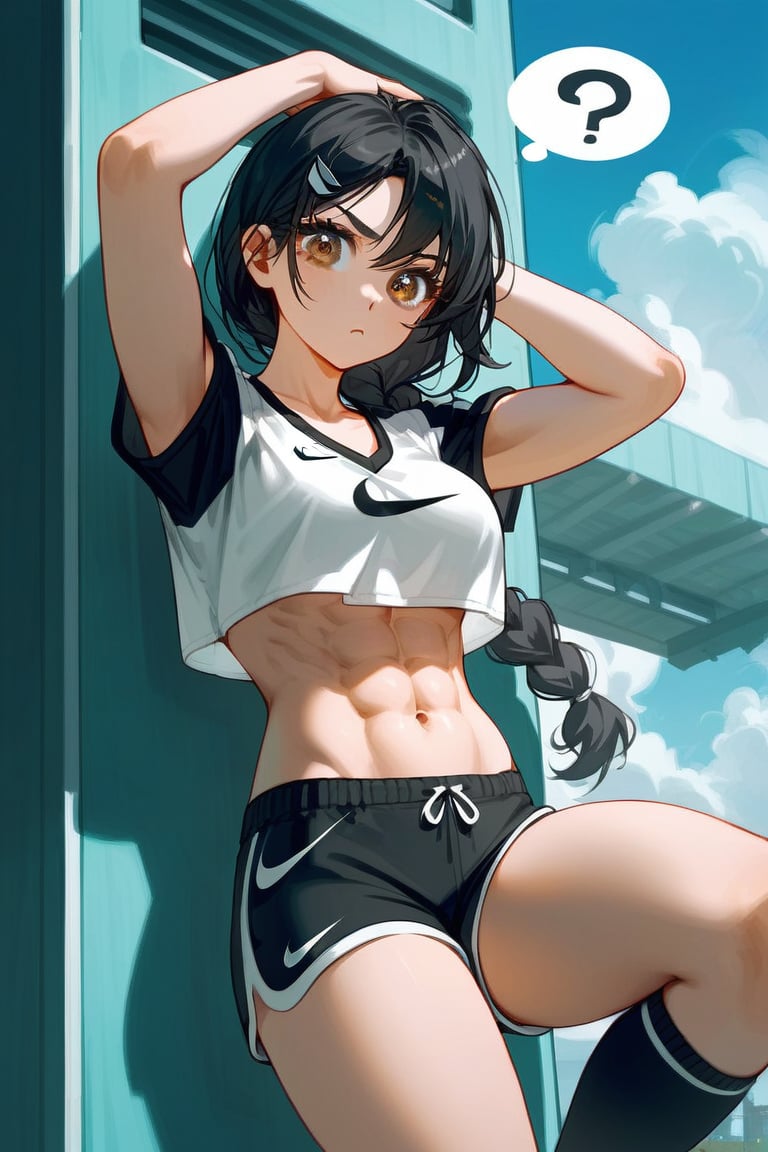 score_9_up,score_8_up, source_anime, 1girl, hot, abs, confused, black hair, hazel eyes, crop top, windy, shorts, long socks, kneesock, small eyelashes, braided ponytail, nike's 