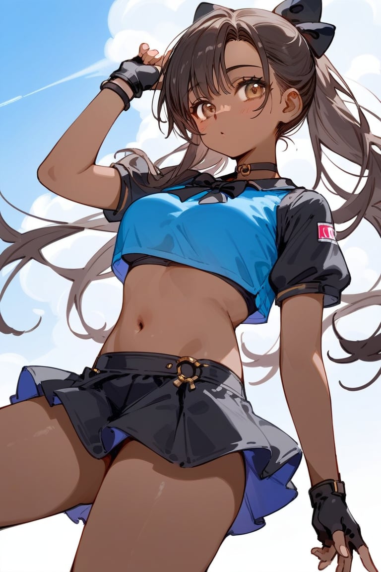 score_9_up,score_8_up, source_anime, 1girl, hot, dark brown skinned, black hair, vitiligo, black skirt, royal blue crop top, black fingerless gloves, pink highlight, hazel brown eyes, black bow, vitiligo skin