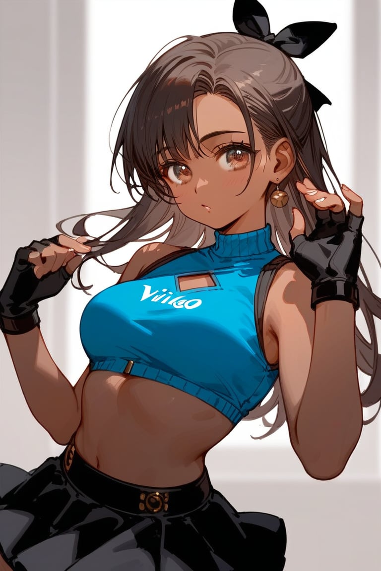 score_9_up,score_8_up, source_anime, 1girl, hot, dark brown skinned, black hair, vitiligo, black skirt, royal blue crop top, black fingerless gloves, pink highlight, hazel brown eyes, black bow