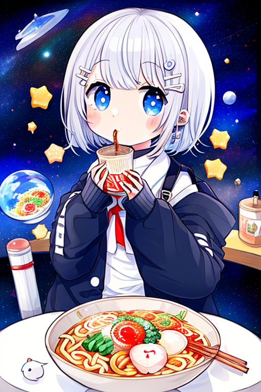 score_9_up,score_8_up, source_anime, 1girl, girl with white short hair in a space themed room eating ramen, high quality 