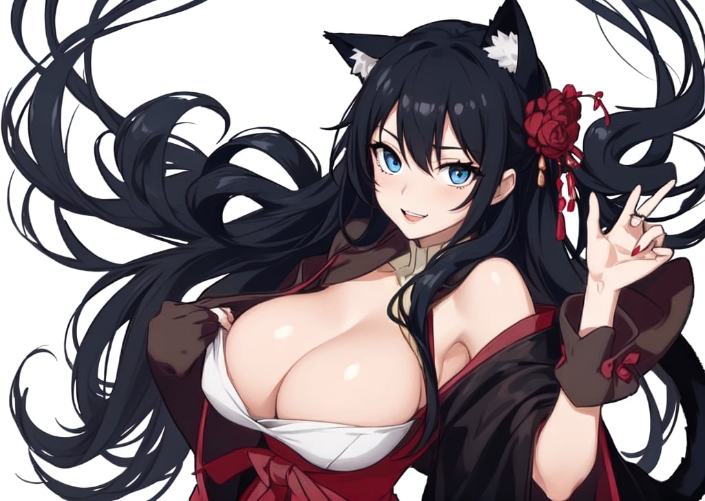 A beautiful woman with a sculpted body, solo, adult, blushing, smiling, thin waist, lips, cleavage, long black hair, blue eyes, cat ears, nekomato, gothic clothing, black meique, modern style, sexy, elegant, cleavage between the breasts, sassy, ´´Japanese scene``, . (masterpiece), 4k, best quality, expressive eyes, perfect face