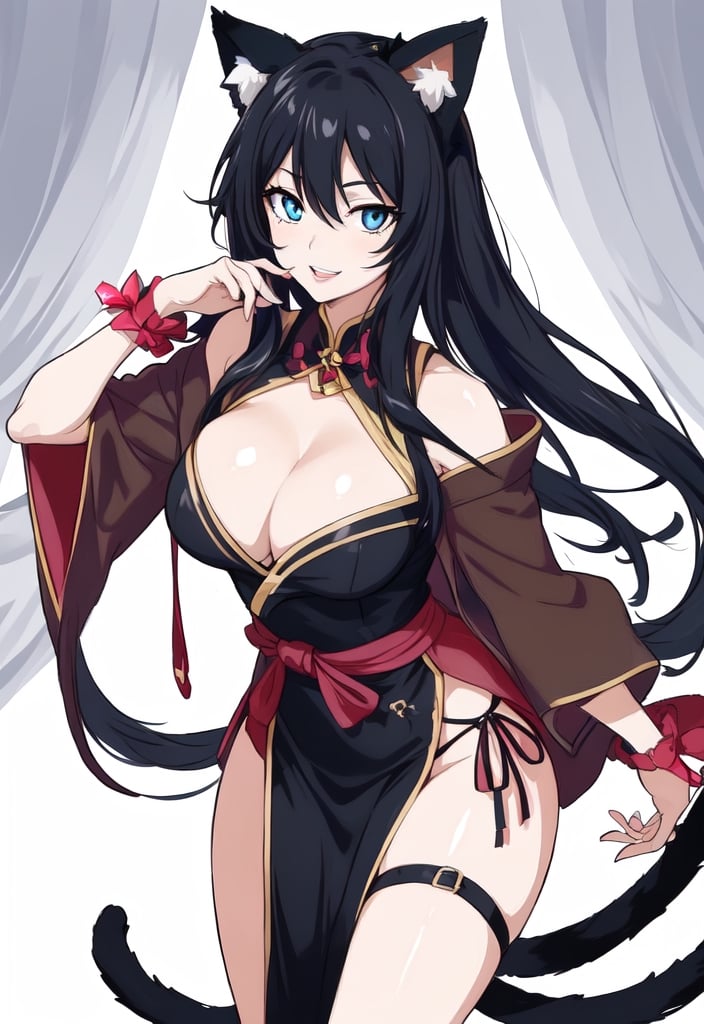 A beautiful woman with a sculpted body, solo, adult, blushing, smiling, thin waist, lips, cleavage, long black hair, blue eyes, cat ears, nekomato, gothic clothing, black meique, modern style, sexy, elegant, cleavage between the breasts, sassy, ´´Japanese scene``, . (masterpiece), 4k, best quality, expressive eyes, perfect face