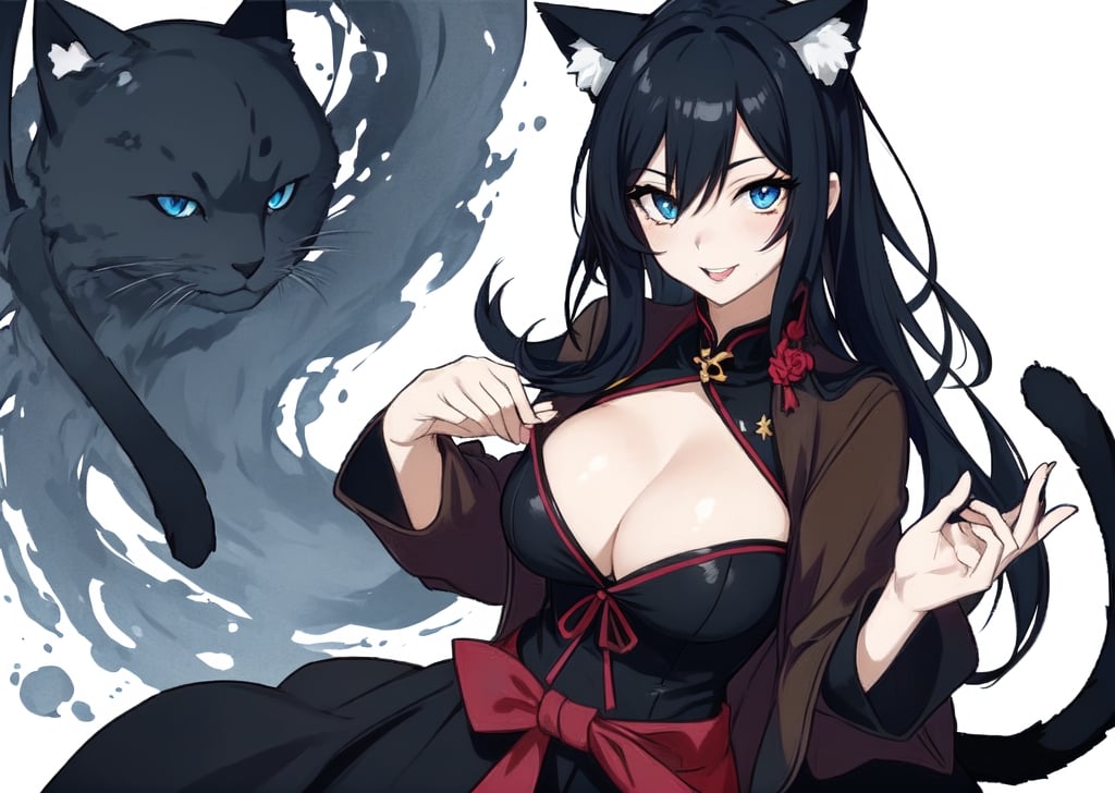 A beautiful woman with a sculpted body, solo, adult, blushing, smiling, thin waist, lips, cleavage, long black hair, blue eyes, cat ears, nekomato, gothic clothing, black meique, modern style, sexy, elegant, cleavage between the breasts, sassy, ´´Japanese scene``, . (masterpiece), 4k, best quality, expressive eyes, perfect face
