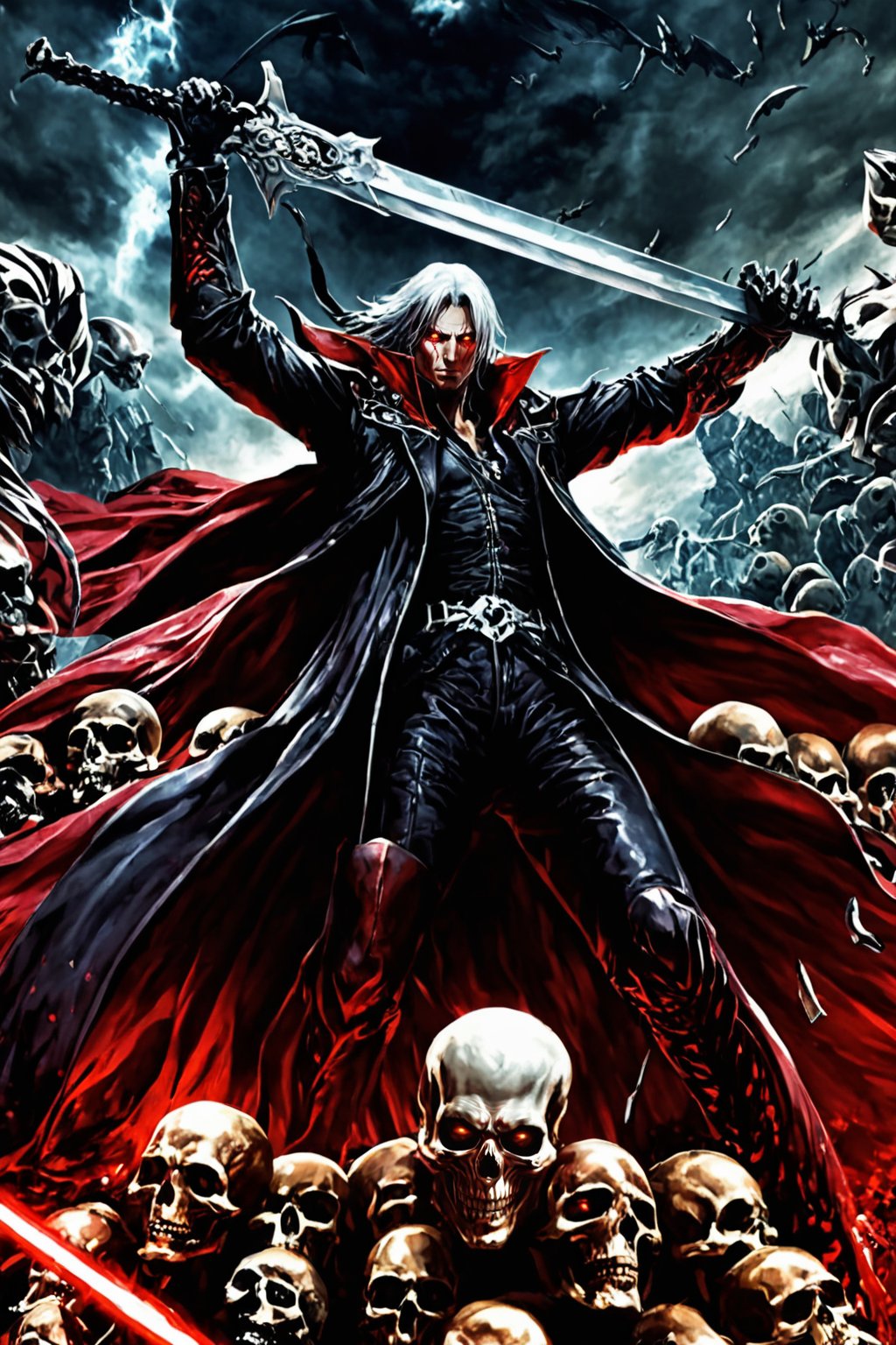 **Overview:** This image likely depicts Dante, the protagonist of the Devil May Cry series, in his iconic devil-hunting attire. As the leader of the Nephilim Order, Dante is known for his bravery and skill in battling demonic forces.

**Main Subject(s):** Dante himself, with a focus on his striking white hair, piercing red eyes, and fierce expression, as well as his trusty sword, Rebellion, held by his right hand. The image also features the massive Yamato sword slung over his back, a symbol of his power and determination. Additionally, Dante is depicted standing on top of a pile of skulls, emphasizing his connection to the underworld and his willingness to confront darkness. He wears a skull mask, which adds an air of mystery and intimidation to his character.

**Composition:** The composition likely focuses on Dante's figure, with the surrounding environment serving as a backdrop to highlight his character. The use of bold colors and dramatic lighting may add emphasis to Dante's intense gaze and powerful stance. The positioning of Yamato across his back creates a sense of depth and dimensionality in the image. The pile of skulls below Dante adds a sense of darkness and foreboding, underscoring the theme of battling demonic forces.

**Emotional Impact/Mood:** This image is likely to convey a sense of determination, courage, and intensity, reflecting Dante's unyielding spirit in the face of demonic threats. The presence of Yamato slung over his back may also suggest a sense of readiness for battle, as if Dante is prepared to take on any foe that comes his way. The image also hints at Dante's connection to the underworld and his willingness to confront darkness head-on.

**Technical Information (Assumptions):** Assuming this is a digital artwork or concept art, the artist may have used Adobe Photoshop or similar software to create the image. The color palette might include bold whites, fiery reds, dark grays, and possibly some dark blues or purples to emphasize the darkness of the skulls and the underworld. Texture effects could be used to enhance Dante's armor, both Rebellion and Yamato swords, and the pile of skulls.
,DonM3l3m3nt4lXL,LegendDarkFantasy