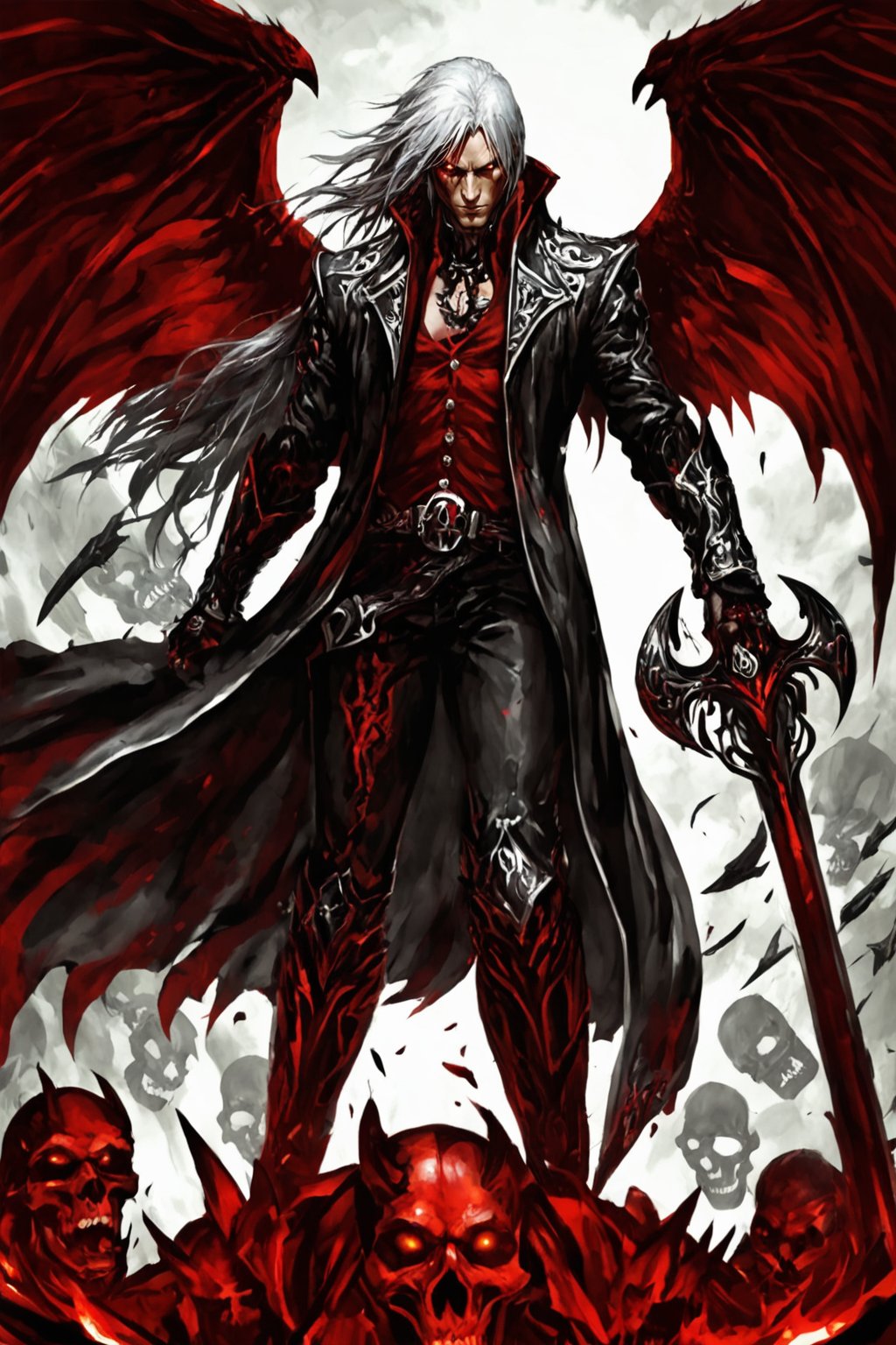 **Overview:** This image likely depicts Dante, the protagonist of the Devil May Cry series, in his iconic devil-hunting attire. As the leader of the Nephilim Order, Dante is known for his bravery and skill in battling demonic forces.

**Main Subject(s):** Dante himself, with a focus on his striking white hair, piercing red eyes, and fierce expression, as well as his trusty sword, Rebellion, held by his right hand. The image also features the massive Yamato sword slung over his back, a symbol of his power and determination. Additionally, Dante is depicted standing on top of a pile of skulls, emphasizing his connection to the underworld and his willingness to confront darkness. He wears a skull mask, which adds an air of mystery and intimidation to his character.

**Composition:** The composition likely focuses on Dante's figure, with the surrounding environment serving as a backdrop to highlight his character. The use of bold colors and dramatic lighting may add emphasis to Dante's intense gaze and powerful stance. The positioning of Yamato across his back creates a sense of depth and dimensionality in the image. The pile of skulls below Dante adds a sense of darkness and foreboding, underscoring the theme of battling demonic forces.

**Emotional Impact/Mood:** This image is likely to convey a sense of determination, courage, and intensity, reflecting Dante's unyielding spirit in the face of demonic threats. The presence of Yamato slung over his back may also suggest a sense of readiness for battle, as if Dante is prepared to take on any foe that comes his way. The image also hints at Dante's connection to the underworld and his willingness to confront darkness head-on.

**Technical Information (Assumptions):** Assuming this is a digital artwork or concept art, the artist may have used Adobe Photoshop or similar software to create the image. The color palette might include bold whites, fiery reds, dark grays, and possibly some dark blues or purples to emphasize the darkness of the skulls and the underworld. Texture effects could be used to enhance Dante's armor, both Rebellion and Yamato swords, and the pile of skulls.
,DonM3l3m3nt4lXL,LegendDarkFantasy