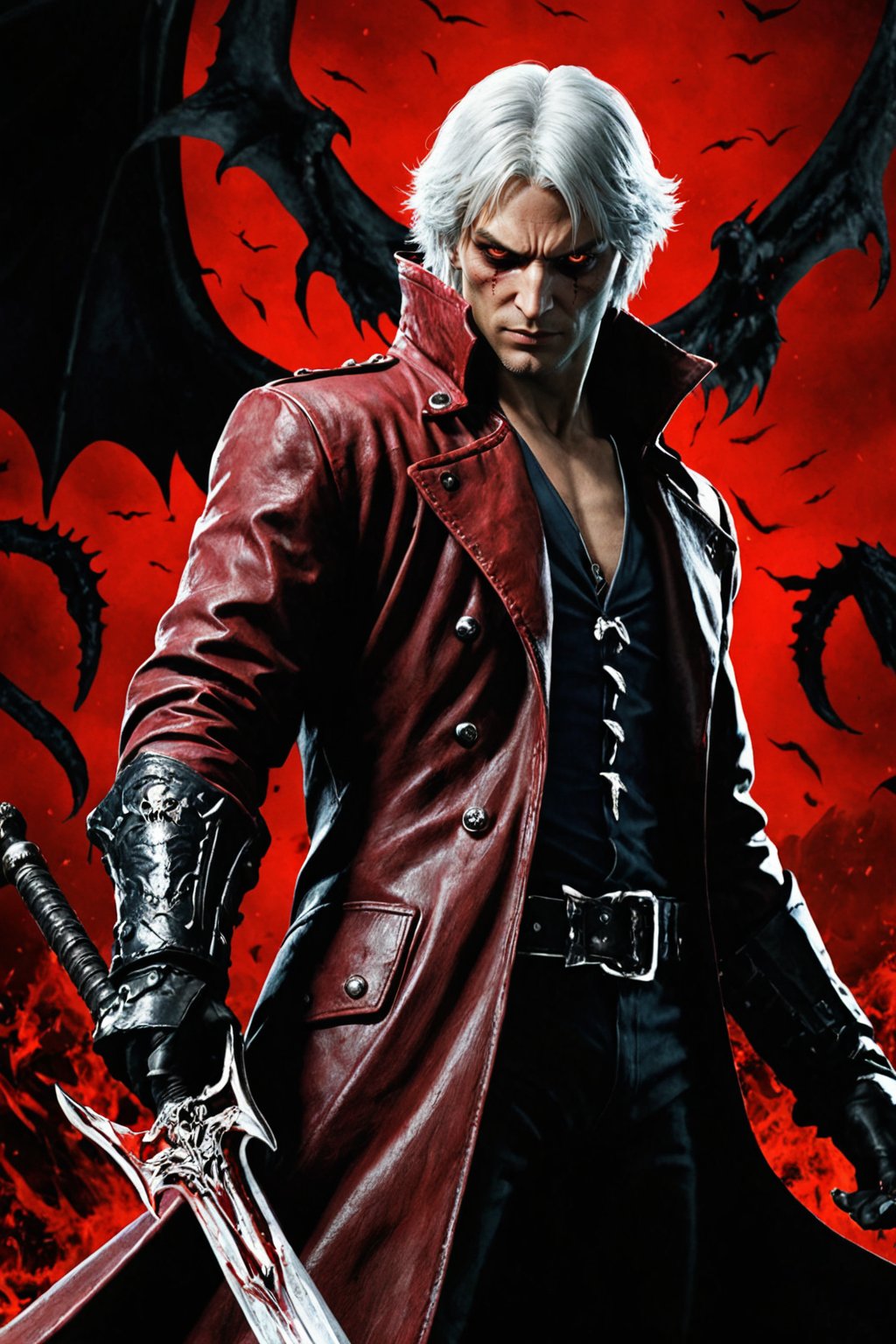 **Overview:** This image likely depicts Dante, the protagonist of the Devil May Cry series, in his iconic devil-hunting attire. As the leader of the Nephilim Order, Dante is known for his bravery and skill in battling demonic forces.

**Main Subject(s):** Dante himself, with a focus on his striking white hair and expressionless face. He wears a skull mask, which adds an air of mystery to his character. His eyes are normal, without their usual fiery intensity, but his overall demeanor conveys a sense of disdain for the world around him.

**Composition:** The composition likely focuses on Dante's figure, with the surrounding environment serving as a backdrop to highlight his character. The use of bold colors and dramatic lighting may add emphasis to Dante's striking appearance and powerful stance. The positioning of Yamato across his back creates a sense of depth and dimensionality in the image.

**Emotional Impact/Mood:** This image is likely to convey a sense of detachment, as if Dante has seen it all before and doesn't bother to care about the petty concerns of the world. His expressionless face suggests a level of emotional numbness, perhaps a result of his experiences battling demonic forces. The overall mood is dark and foreboding, hinting at the apocalyptic consequences that await should the forces of darkness continue unchecked.

**Handheld Skull Greatsword:** Dante's left hand holds a massive skull greatsword, its blade inscribed with mysterious text that glows with a fiery red light. This sword may serve as a symbol of Dante's power and determination to vanquish the forces of evil.

**Technical Information (Assumptions):** Assuming this is a digital artwork or concept art, the artist may have used Adobe Photoshop or similar software to create the image. The color palette might include bold whites, dark grays, and possibly some dark blues or purples to emphasize the darkness of the skulls and the underworld. Texture effects could be used to enhance Dante's armor, both Rebellion and Yamato swords, and the pile of skulls.
