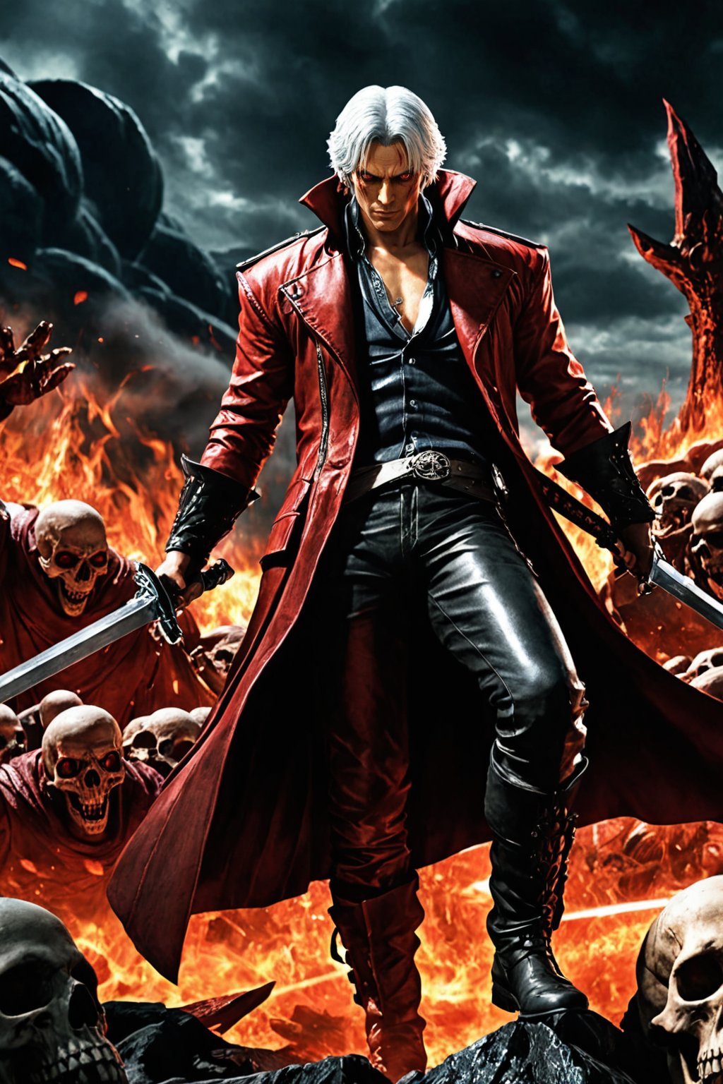 **Overview:** This image likely depicts Dante, the protagonist of the Devil May Cry series, in his iconic devil-hunting attire. As the leader of the Nephilim Order, Dante is known for his bravery and skill in battling demonic forces.

**Main Subject(s):** Dante himself, with a focus on his striking white hair, piercing red eyes, and fierce expression, as well as his trusty sword, Rebellion, held by his right hand. The image also features the massive Yamato sword slung over his back, a symbol of his power and determination. Additionally, Dante is depicted standing on top of a pile of skulls, emphasizing his connection to the underworld and his willingness to confront darkness. He wears a skull mask, which adds an air of mystery and intimidation to his character.

**Composition:** The composition likely focuses on Dante's figure, with the surrounding environment serving as a backdrop to highlight his character. The use of bold colors and dramatic lighting may add emphasis to Dante's intense gaze and powerful stance. The positioning of Yamato across his back creates a sense of depth and dimensionality in the image. The pile of skulls below Dante adds a sense of darkness and foreboding, underscoring the theme of battling demonic forces.

**Emotional Impact/Mood:** This image is likely to convey a sense of determination, courage, and intensity, reflecting Dante's unyielding spirit in the face of demonic threats. The presence of Yamato slung over his back may also suggest a sense of readiness for battle, as if Dante is prepared to take on any foe that comes his way. The image also hints at Dante's connection to the underworld and his willingness to confront darkness head-on.

**Technical Information (Assumptions):** Assuming this is a digital artwork or concept art, the artist may have used Adobe Photoshop or similar software to create the image. The color palette might include bold whites, fiery reds, dark grays, and possibly some dark blues or purples to emphasize the darkness of the skulls and the underworld. Texture effects could be used to enhance Dante's armor, both Rebellion and Yamato swords, and the pile of skulls.
