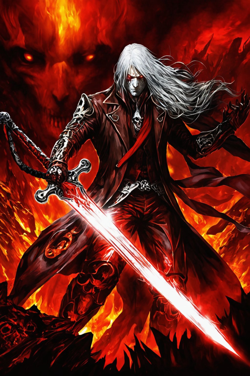 **Overview:** This image likely depicts Dante, the protagonist of the Devil May Cry series, in his iconic devil-hunting attire. As the leader of the Nephilim Order, Dante is known for his bravery and skill in battling demonic forces.

**Main Subject(s):** Dante himself, with a focus on his striking white hair and expressionless face. He wears a skull mask, which adds an air of mystery to his character. His eyes are normal, without their usual fiery intensity, but his overall demeanor conveys a sense of disdain for the world around him.

**Composition:** The composition likely focuses on Dante's figure, with the surrounding environment serving as a backdrop to highlight his character. The use of bold colors and dramatic lighting may add emphasis to Dante's striking appearance and powerful stance. The positioning of Yamato across his back creates a sense of depth and dimensionality in the image.

**Emotional Impact/Mood:** This image is likely to convey a sense of detachment, as if Dante has seen it all before and doesn't bother to care about the petty concerns of the world. His expressionless face suggests a level of emotional numbness, perhaps a result of his experiences battling demonic forces. The overall mood is dark and foreboding, hinting at the apocalyptic consequences that await should the forces of darkness continue unchecked.

**Handheld Skull Greatsword:** Dante's left hand holds a massive skull greatsword, its blade inscribed with mysterious text that glows with a fiery red light. This sword may serve as a symbol of Dante's power and determination to vanquish the forces of evil.

**Technical Information (Assumptions):** Assuming this is a digital artwork or concept art, the artist may have used Adobe Photoshop or similar software to create the image. The color palette might include bold whites, dark grays, and possibly some dark blues or purples to emphasize the darkness of the skulls and the underworld. Texture effects could be used to enhance Dante's armor, both Rebellion and Yamato swords, and the pile of skulls.
