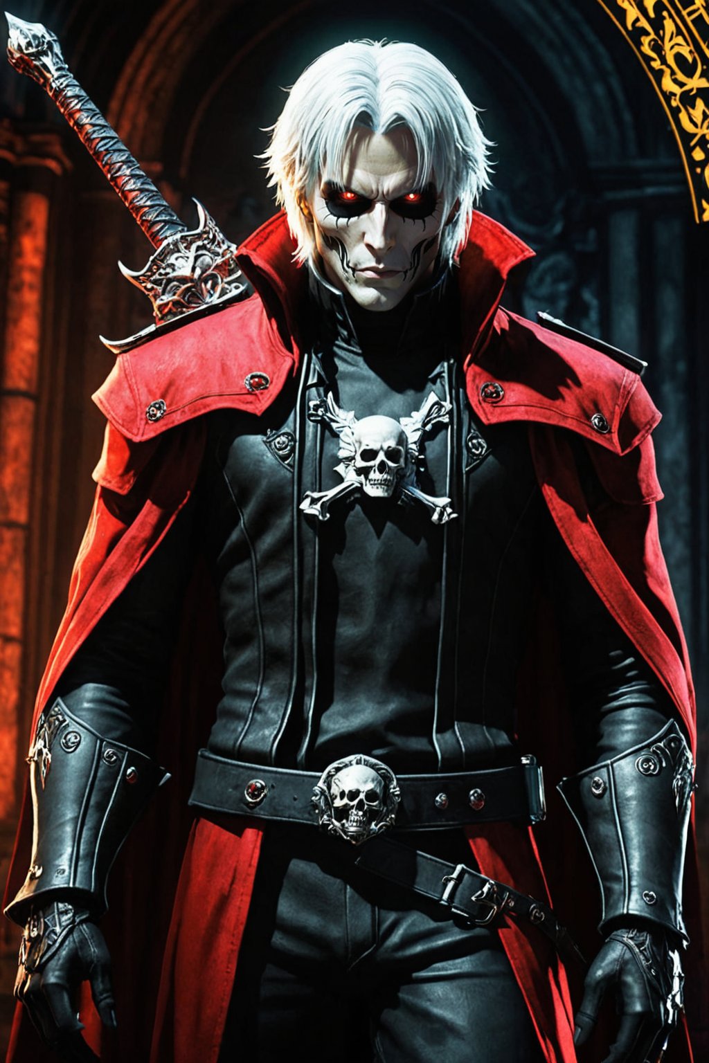 **Overview:** This image likely depicts Dante, the protagonist of the Devil May Cry series, in his younger years. As the leader of the Nephilim Order, Dante is known for his bravery and skill in battling demonic forces.

**Main Subject(s):** A slightly younger Dante, with a focus on his striking white hair and expressionless face. He wears a skull mask, which adds an air of mystery to his character. His eyes are normal, without their usual fiery intensity, but his overall demeanor conveys a sense of disdain for the world around him.

**Composition:** The composition likely focuses on Dante's figure, with the surrounding environment serving as a backdrop to highlight his character. The use of bold colors and dramatic lighting may add emphasis to Dante's striking appearance and powerful stance. The positioning of Yamato across his back creates a sense of depth and dimensionality in the image.

**Emotional Impact/Mood:** This image is likely to convey a sense of detachment, as if Dante has seen it all before and doesn't bother to care about the petty concerns of the world. His expressionless face suggests a level of emotional numbness, perhaps a result of his experiences battling demonic forces. The overall mood is dark and foreboding, hinting at the apocalyptic consequences that await should the forces of darkness continue unchecked.

**Handheld Skull Greatsword:** Dante's left hand holds a massive skull greatsword, its blade inscribed with mysterious text that glows with a fiery red light. This sword may serve as a symbol of Dante's power and determination to vanquish the forces of evil.

**Technical Information (Assumptions):** Assuming this is a digital artwork or concept art, the artist may have used Adobe Photoshop or similar software to create the image. The color palette might include bold whites, dark grays, and possibly some dark blues or purples to emphasize the darkness of the skulls and the underworld. Texture effects could be used to enhance Dante's armor, both Rebellion and Yamato swords, and the pile of skulls.