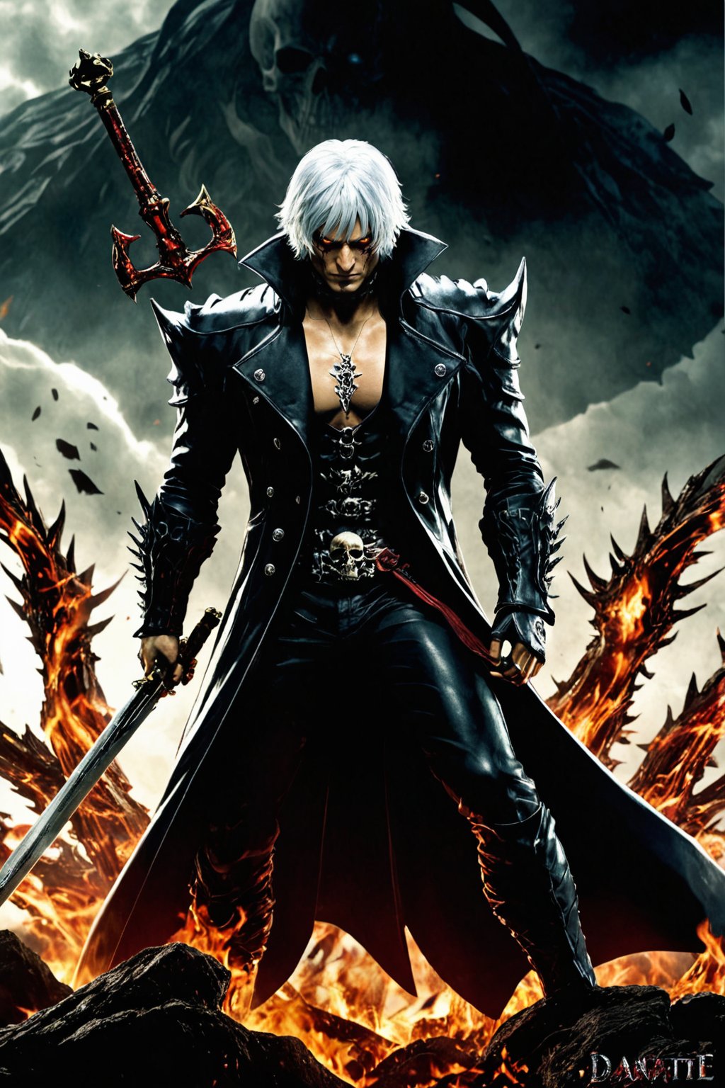 **Overview:** This image likely depicts Dante, the protagonist of the Devil May Cry series, in his iconic devil-hunting attire. As the leader of the Nephilim Order, Dante is known for his bravery and skill in battling demonic forces.

**Main Subject(s):** Dante himself, with a focus on his striking white hair and expressionless face. He wears a skull mask, which adds an air of mystery to his character. His eyes are normal, without their usual fiery intensity, but his overall demeanor conveys a sense of disdain for the world around him.

**Composition:** The composition likely focuses on Dante's figure, with the surrounding environment serving as a backdrop to highlight his character. The use of bold colors and dramatic lighting may add emphasis to Dante's striking appearance and powerful stance. The positioning of Yamato across his back creates a sense of depth and dimensionality in the image.

**Emotional Impact/Mood:** This image is likely to convey a sense of detachment, as if Dante has seen it all before and doesn't bother to care about the petty concerns of the world. His expressionless face suggests a level of emotional numbness, perhaps a result of his experiences battling demonic forces. The overall mood is dark and foreboding, hinting at the apocalyptic consequences that await should the forces of darkness continue unchecked.

**Technical Information (Assumptions):** Assuming this is a digital artwork or concept art, the artist may have used Adobe Photoshop or similar software to create the image. The color palette might include bold whites, dark grays, and possibly some dark blues or purples to emphasize the darkness of the skulls and the underworld. Texture effects could be used to enhance Dante's armor, both Rebellion and Yamato swords, and the pile of skulls.