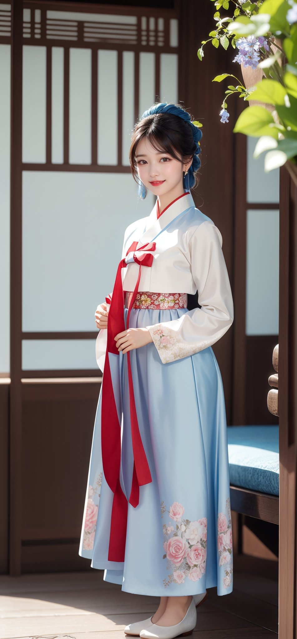 (masterpiece), realistic, far to shot full body to feet image 80s korean female, high quality, 8K Ultra HD, photorealistic has a fully detailed mature face, Realistically not Ai, 36D big korean female, natural, pretty and charming, detailed face, big_breast, ((is a beautifull girl wearing a floral hanbok, bokjumuni, stand on traditional korean room)), little_cute_girl, Miss Grand International, mature female, Realism, (smile face), (blue hair), YAMATO, small earrings, small necklace, ((smile:1.2)), (red lips), long legs, slim legs, (good quality eye spacing), sex posing, Buns and bangs, digital painting, fantasy, hidden forest, centered big tree, [glowing crystals], flowers, petal, (night time), hanbok, bokjumeoni,hanbok,bokjumeoni,Realism