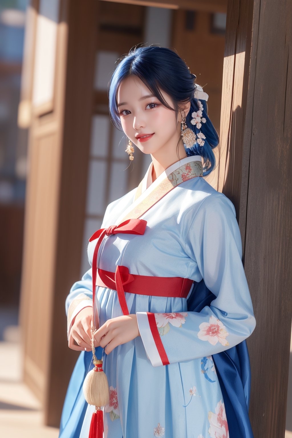 (masterpiece), realistic, far to shot full body to feet image 80s korean female, high quality, 8K Ultra HD, photorealistic has a fully detailed mature face, Realistically not Ai, 36D big korean female, natural, pretty and charming, detailed face, big_breast, ((is a beautifull girl wearing a floral hanbok, bokjumuni, stand on traditional korean room)), little_cute_girl, Miss Grand International, mature female, Realism, (smile face), (blue hair), YAMATO, small earrings, small necklace, ((smile:1.2)), (red lips), long legs, slim legs, (good quality eye spacing), sex posing, Buns and bangs, digital painting, fantasy, hidden forest, centered big tree, [glowing crystals], flowers, petal, (night time), hanbok, bokjumeoni,hanbok,bokjumeoni,Realism