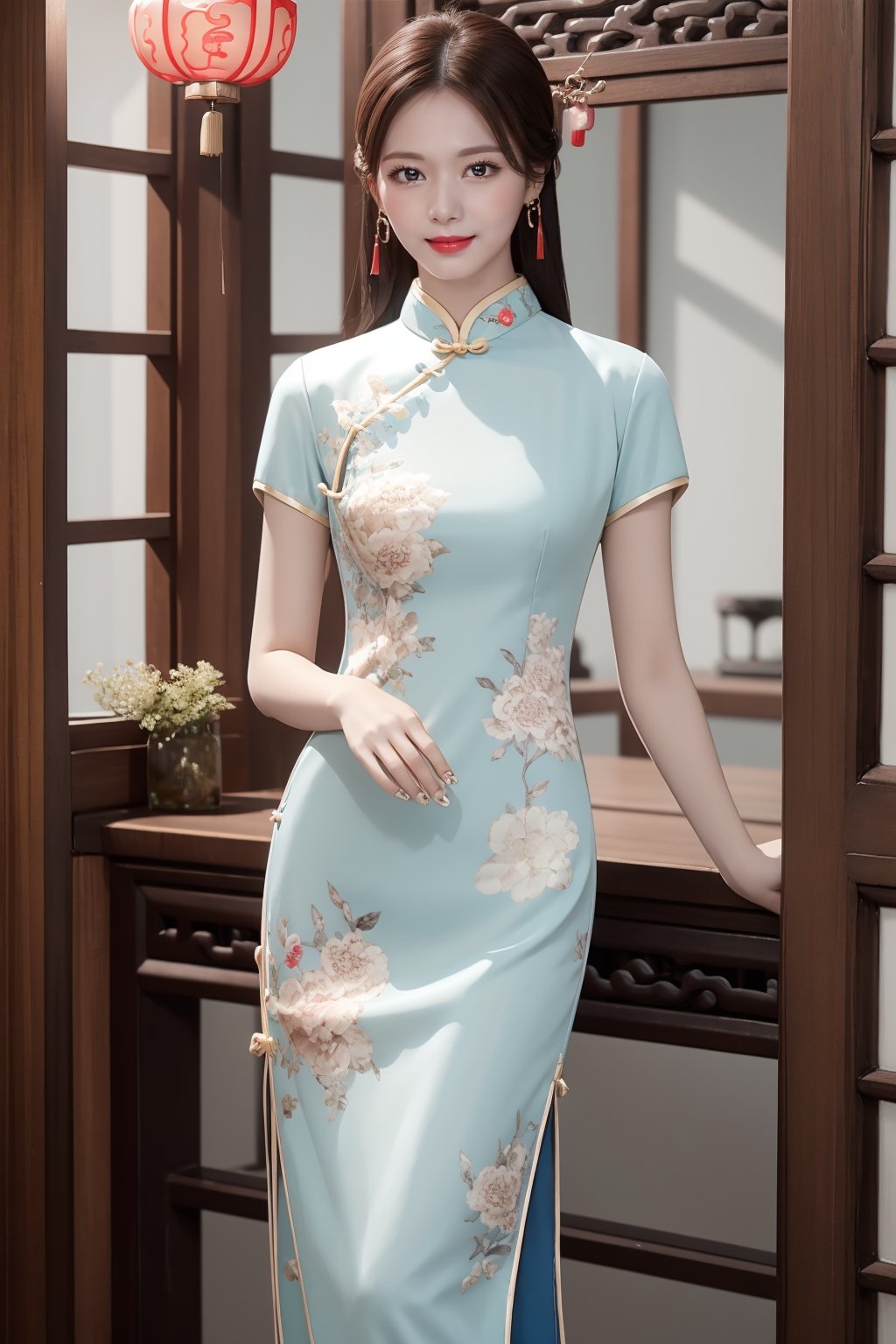 (masterpiece), realistic, far to shot full body to feet image 80s chinese female, high quality, 8K Ultra HD, photorealistic has a fully detailed mature face, Realistically not Ai, 36D big chinese female, natural, pretty and charming, detailed face, huge breasts, ((is a beautifull girl wearing a sexy qipao, stand on traditional chinese room)), little_cute_girl, Miss Grand International, mature female, Realism, (smile face), (short cut brown hair), Liu Shishi, small earrings, small necklace, ((smile:1.2)), (red lips), long legs, slim legs, (good quality eye spacing), sex posing, Buns and bangs, digital painting, fantasy, hidden forest, centered big tree, [glowing crystals], flowers, petal, (night time), qipao,Realism,long skirt,QIPAO,Tzuyu
