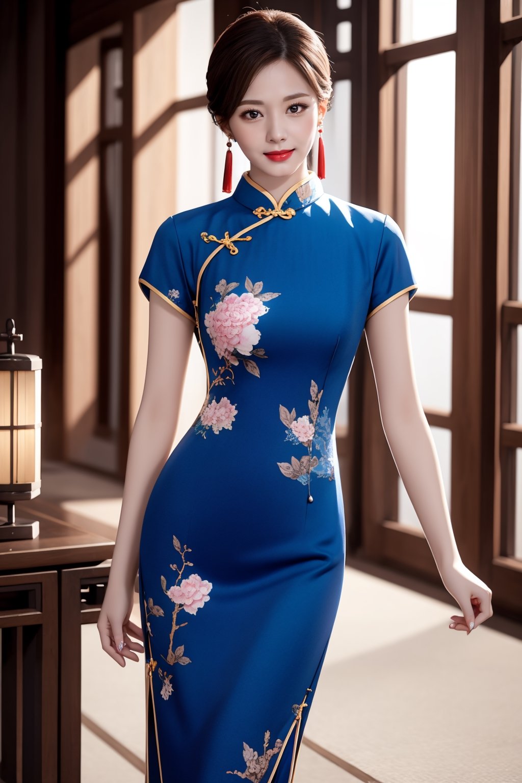 (masterpiece), realistic, far to shot full body to feet image 80s chinese female, high quality, 8K Ultra HD, photorealistic has a fully detailed mature face, Realistically not Ai, 36D big chinese female, natural, pretty and charming, detailed face, big breasts, ((is a beautifull girl wearing a sexy qipao, stand on traditional chinese room)), little_cute_girl, Miss Grand International, mature female, Realism, (smile face), (short cut brown hair), Liu Shishi, small earrings, small necklace, ((smile:1.2)), (red lips), long legs, slim legs, (good quality eye spacing), sex posing, Buns and bangs, digital painting, fantasy, hidden forest, centered big tree, [glowing crystals], flowers, petal, (night time), qipao,Realism,long skirt,QIPAO,Tzuyu