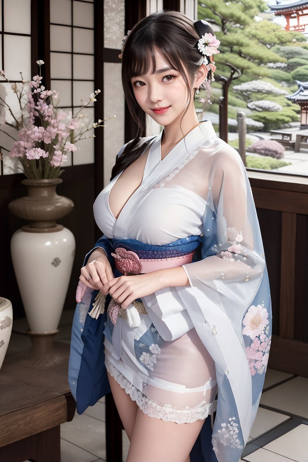 (masterpiece), realistic, far to shot full body to feet image 90s japanese female, high quality, 8K Ultra HD, photorealistic has a fully detailed mature face, Realistically not Ai, 36D big japanese female, natural, pretty and charming, detailed face, huge breasts, ((is a mature women wearing a sexy pink kimono, stand on traditional japanese garden)), mature_female, Miss Grand International, mature female, Realism, (smile face), (long brown hair), YAMAMOTO, small earrings, small necklace, ((smile:1.2)), (red lips), long legs, slim legs, (good quality eye spacing), sexy posing, Buns and bangs, digital painting, fantasy, hidden forest, centered big tree, [glowing crystals], flowers, petal, (night time), white_yukata ,Realism, short skirt, KIMONO, see-through_kimono, Japanese Dress