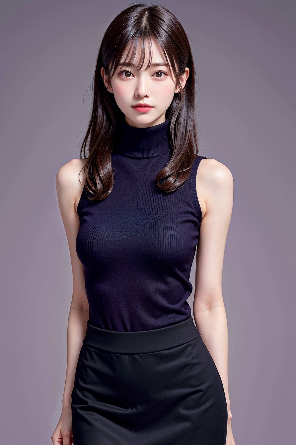 (masterpiece, best quality, photorealistic, high resolution, 8K raw photo), ((1girl)), slender, Korean girl, smooth soft parl skin, detailed fair skin, looking at viewer:1.3, poor lightings, raw photo, straight long hair, blunt bangs, (light smile), 
wearing ((black-turtleneck, slender pencilskirt)), 
half body, upper body, realistic, cute look, cute emotion, perfect human anatomy, dynamic, low key, (dark purple soft light background), dark purple soft light, white night gown,1 brown mole_under_eye left,realistic, 