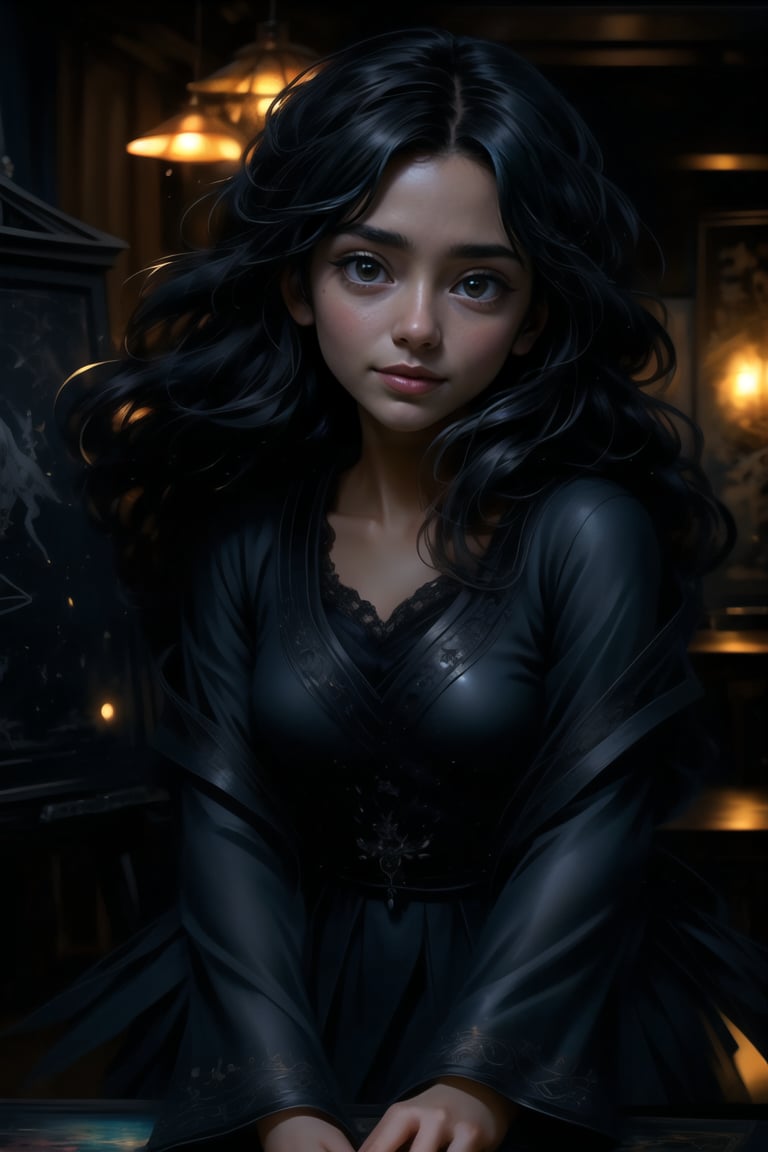 Create a masterpiece featuring a highly detailed full body image of a dark-haired girl with bright eyes, captured in a sweet and shy expression. The scene is set in a cozy lighting environment with an art study background, showcasing an unusual composition. The girl is in a frontal view, engaging in an action shot while focusing on her artwork. Emphasize detailed eyes and mouth, adhering to the LegendDarkFantasy style.