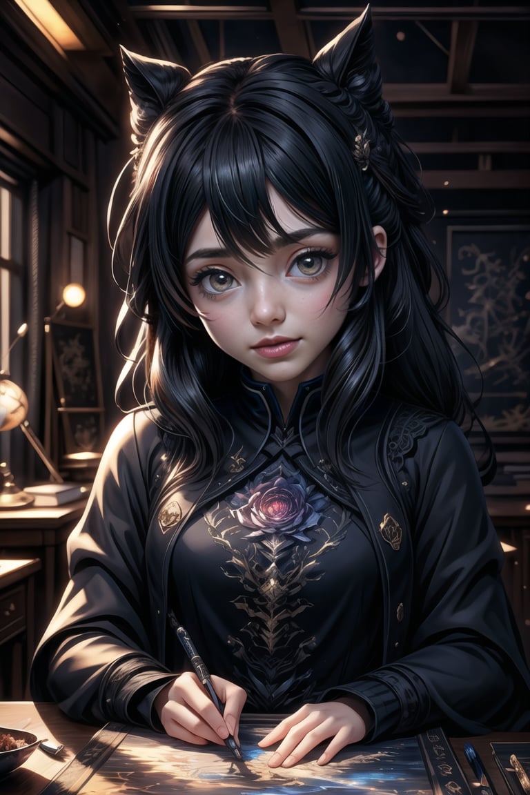 Create a masterpiece featuring a highly detailed full body image of a dark-haired girl with bright eyes, captured in a sweet and shy expression. The scene is set in a cozy lighting environment with an art study background, showcasing an unusual composition. The girl is in a frontal view, engaging in an action shot while focusing on her artwork. Emphasize detailed eyes and mouth, adhering to the LegendDarkFantasy style.