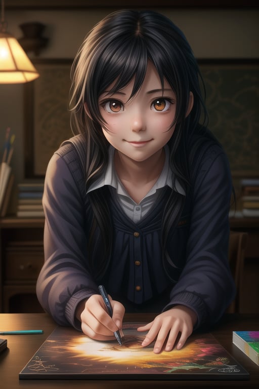 Create a masterpiece featuring a highly detailed full body image of a dark-haired girl with bright eyes, captured in a sweet and shy expression. The scene is set in a cozy lighting environment with an art study background, showcasing an unusual composition. The girl is in a frontal view, engaging in an action shot while focusing on her artwork. Emphasize detailed eyes and mouth, adhering to the LegendDarkFantasy style.