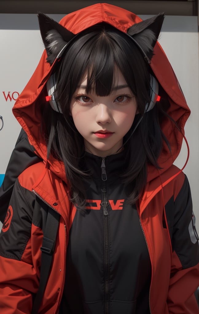 1girl, solo, long hair, looking at viewer, bangs, shirt, black hair, red eyes, long sleeves, animal ears, jacket, upper body, open clothes, hood, open jacket, black jacket, mask, headphones, wolf ears, red shirt, clothes writing, hooded jacket, red background, hood up, zipper, mouth mask, drawstring, covered mouth, headphones around neck, red theme, ears through headwear, respirator
,cool