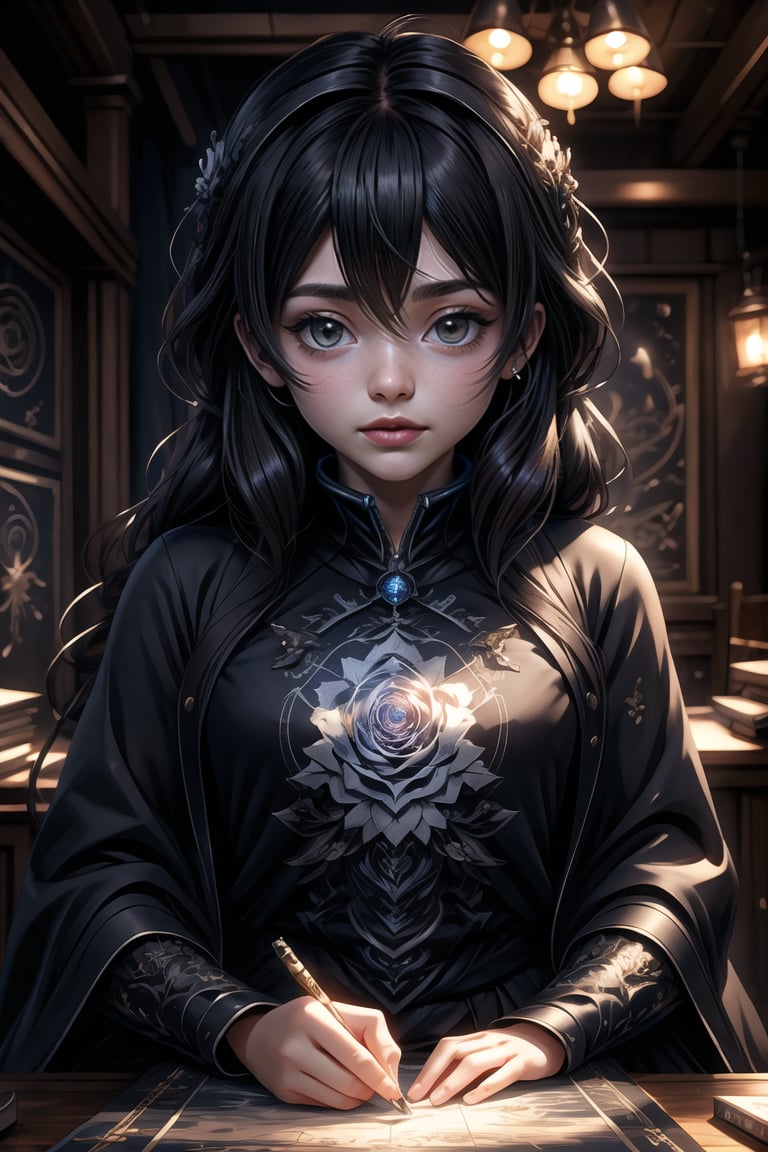 Create a masterpiece featuring a highly detailed full body image of a dark-haired girl with bright eyes, captured in a sweet and shy expression. The scene is set in a cozy lighting environment with an art study background, showcasing an unusual composition. The girl is in a frontal view, engaging in an action shot while focusing on her artwork. Emphasize detailed eyes and mouth, adhering to the LegendDarkFantasy style.