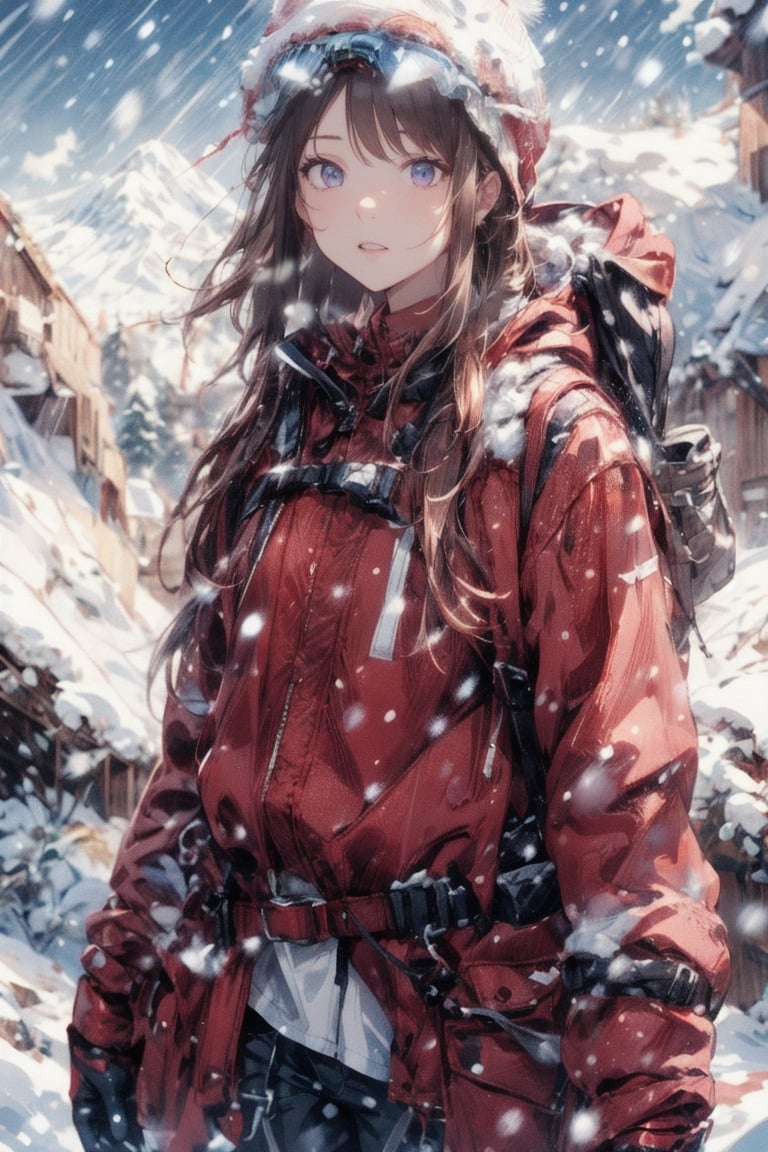 1girl, solo, long hair, looking at viewer, bangs, brown hair, gloves, long sleeves, brown eyes, standing, jacket, cowboy shot, outdoors, parted lips, sky, day, belt, pants, cloud, hood, bag, blue sky, lips, facial mark, backpack, goggles, wind, red headwear, red jacket, snow, brown gloves, goggles on head, snowing, pink lips, mountain, motion blur, winter clothes, winter, red coat