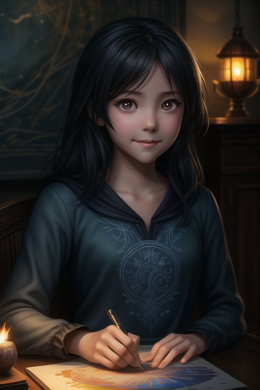 Produce a masterpiece featuring a highly detailed full body image of a girl with dark hair and bright eyes, captured in a sweet and shy expression. The scene is set in a frontal view under cozy lighting, with an art study background that features an unusual composition. The girl is actively engaged in art creation, highlighting detailed eyes and mouth. This image aligns with the LegendDarkFantasy style, emphasizing an action shot.