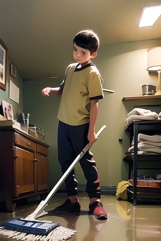 Realistic oil painting of a young boy with a red bottom, holding a broom and mop in a clean room, by Norman Rockwell style, intricate details, vibrant colors, studio lighting