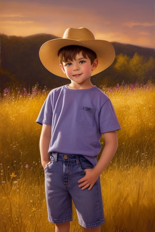 Realistic oil painting of a young boy with messy brown hair wearing a cowboy hat and jeans shorts, inspired by the style of Jim Daly, intricate details in the background such as wildflowers and a wooden fence, soft lighting from the setting sun, (long shot), vibrant colors.