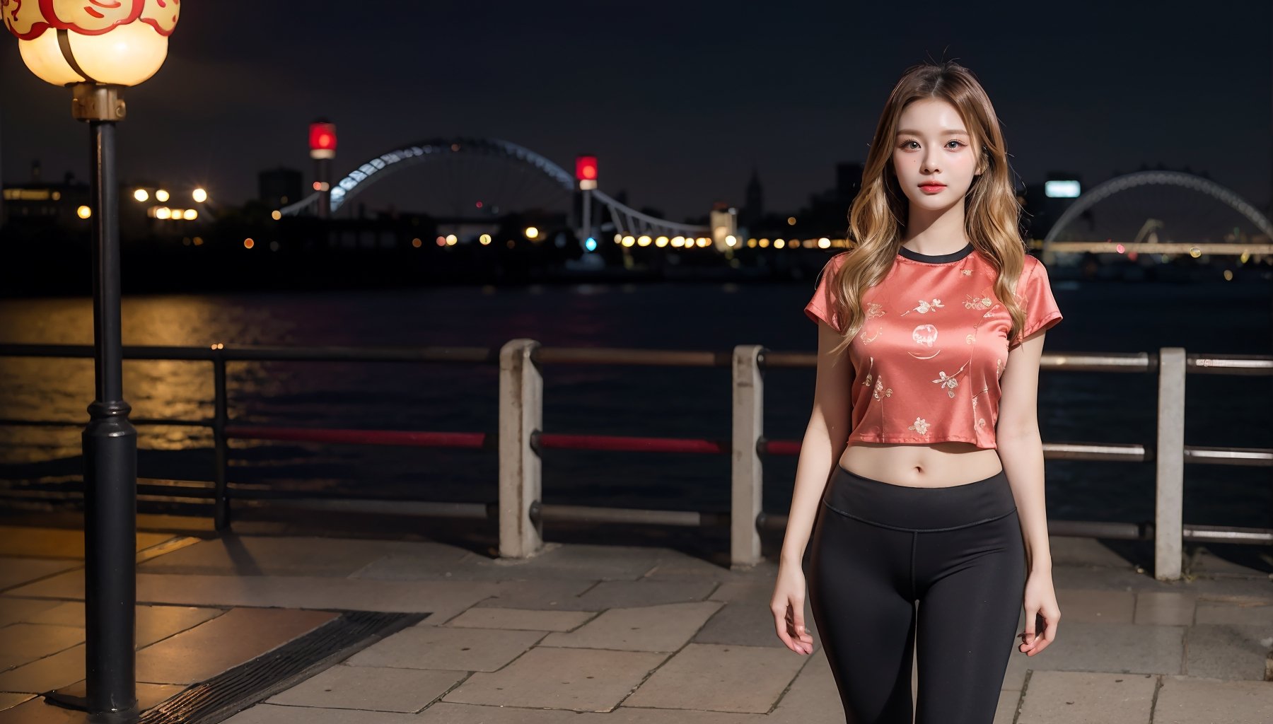 18-year-old girl,Chinese New Year style top,   yoga pants, casual pose, real, wearing high heels, high quality, wavy blond hair, realistic eyes, background scene walking next to the London Eye, Korean style,Young beauty spirit ,more detail 