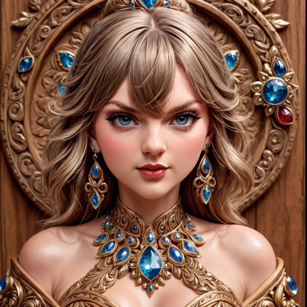 Druidic Taylor Swift, marvelous, extravagant, breathtaking, shining gemstone accents on wooden ornate surfaces