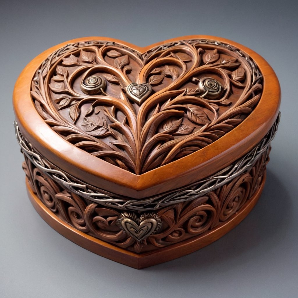 Oornage intricatedly carved druidic box covered in polished vines with thorns and leaves. Love heart shaped motiff.