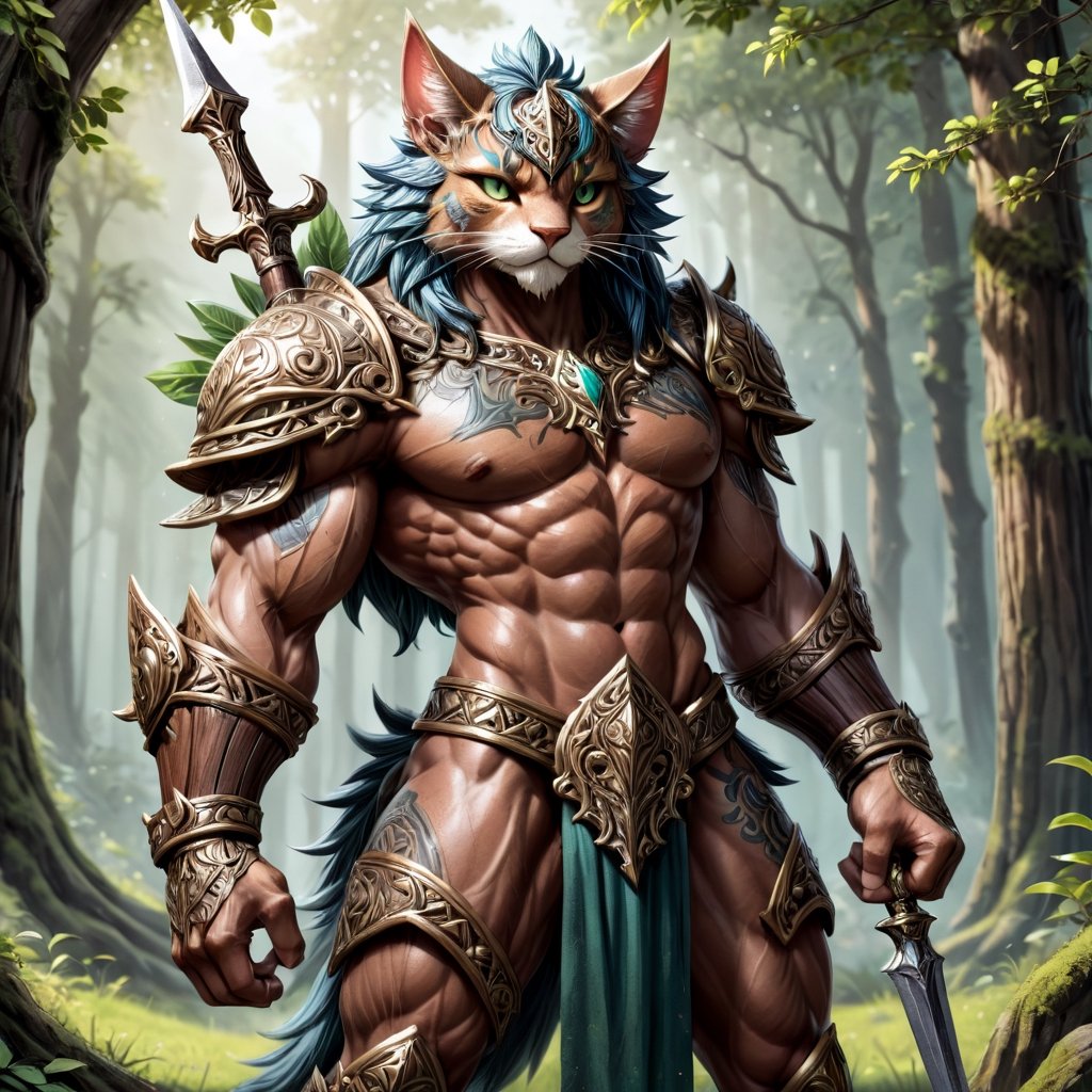 druidic anthro warrior cat, muscled, wearing ornate wooden armour, holding a sharp metal dagger