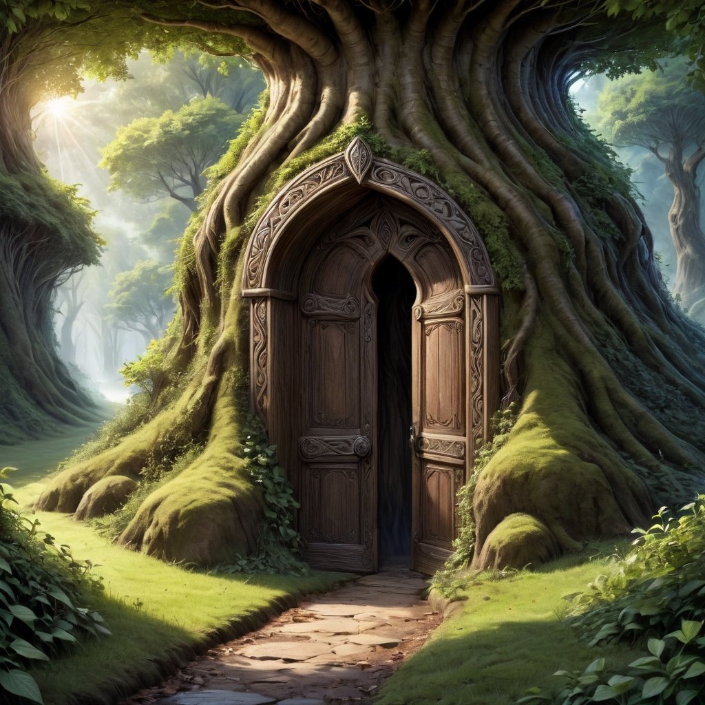 Hidden druidic path, mysterious fantasy etherial tunnel door