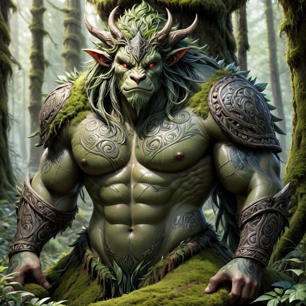 Marvelous breathtaking druidic beast camoflaged amongst the trees, large rotund herbivore, covered in moss and druidic tattoos