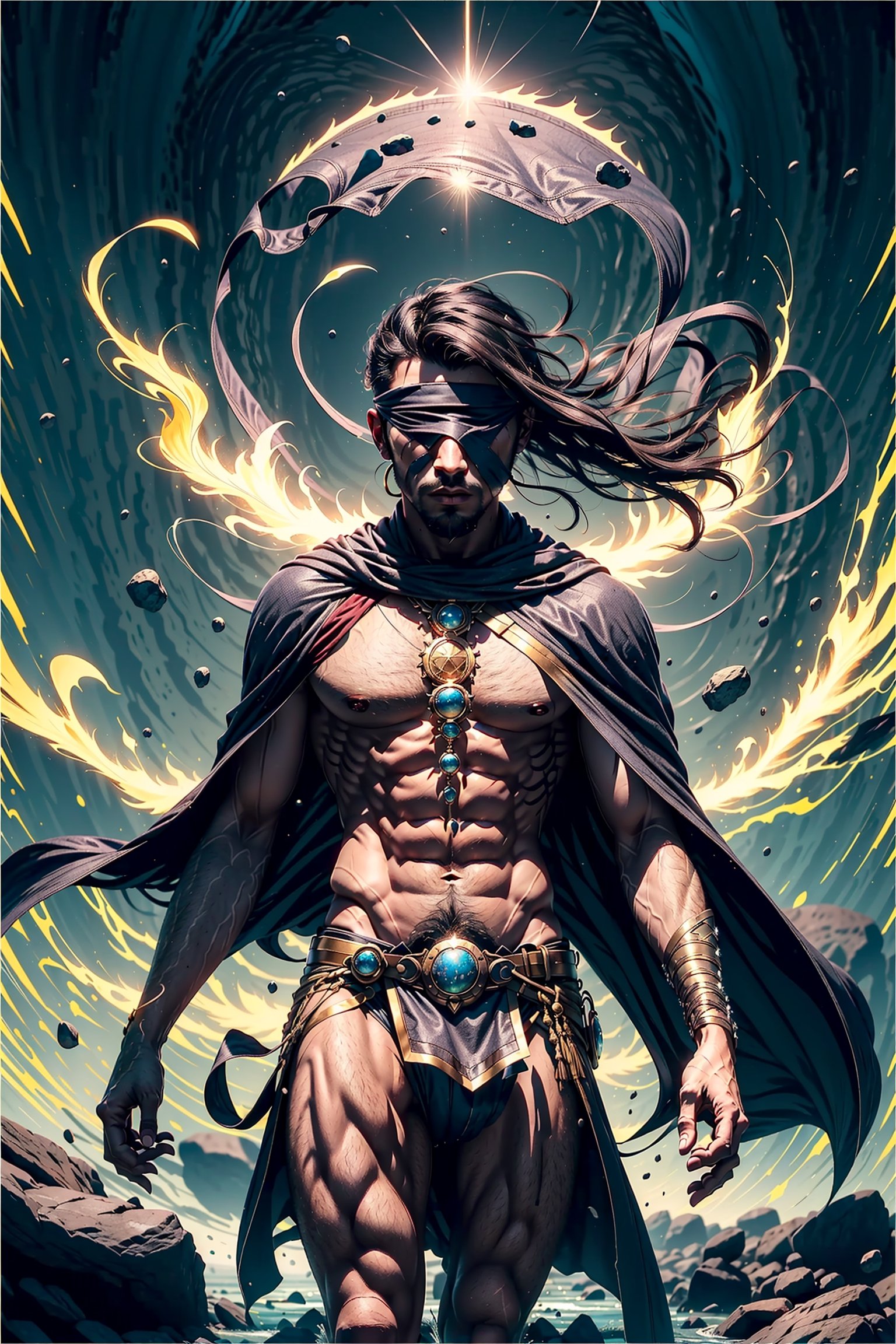 a teenage dark skinned male oracle, psychedelic cosmos, low in frame, flowing blindfold, flowing cape, flowing clothing, short modern hair, fauxhawk hair, magic energy, doom, 1guy, flowing wind, brooding, moody, pubic hair, loincloth, long loincloth,best quality, ,Male focus, asteroid, shadows drip from eyes