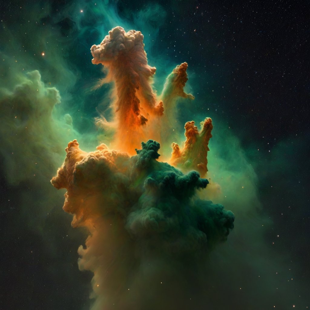 Commercial photography, powerful explosion of orange and green dust, eagle nebula, white lighting, studio light, 8k octane rendering, high resolution photography, insanely detailed, fine details, on black isolated plain, stock photo, professional color grading