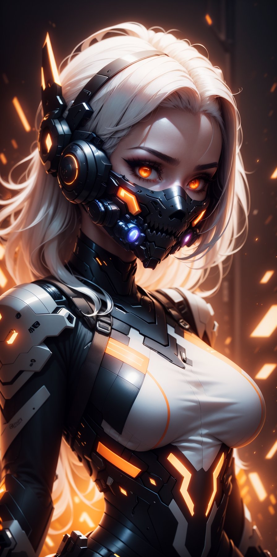 1girl, solo, breasts, looking at viewer, upper body, white hair, orange eyes, bodysuit, makeup, mask, glowing, helmet, portrait, glowing eyes, eyeshadow, science fiction