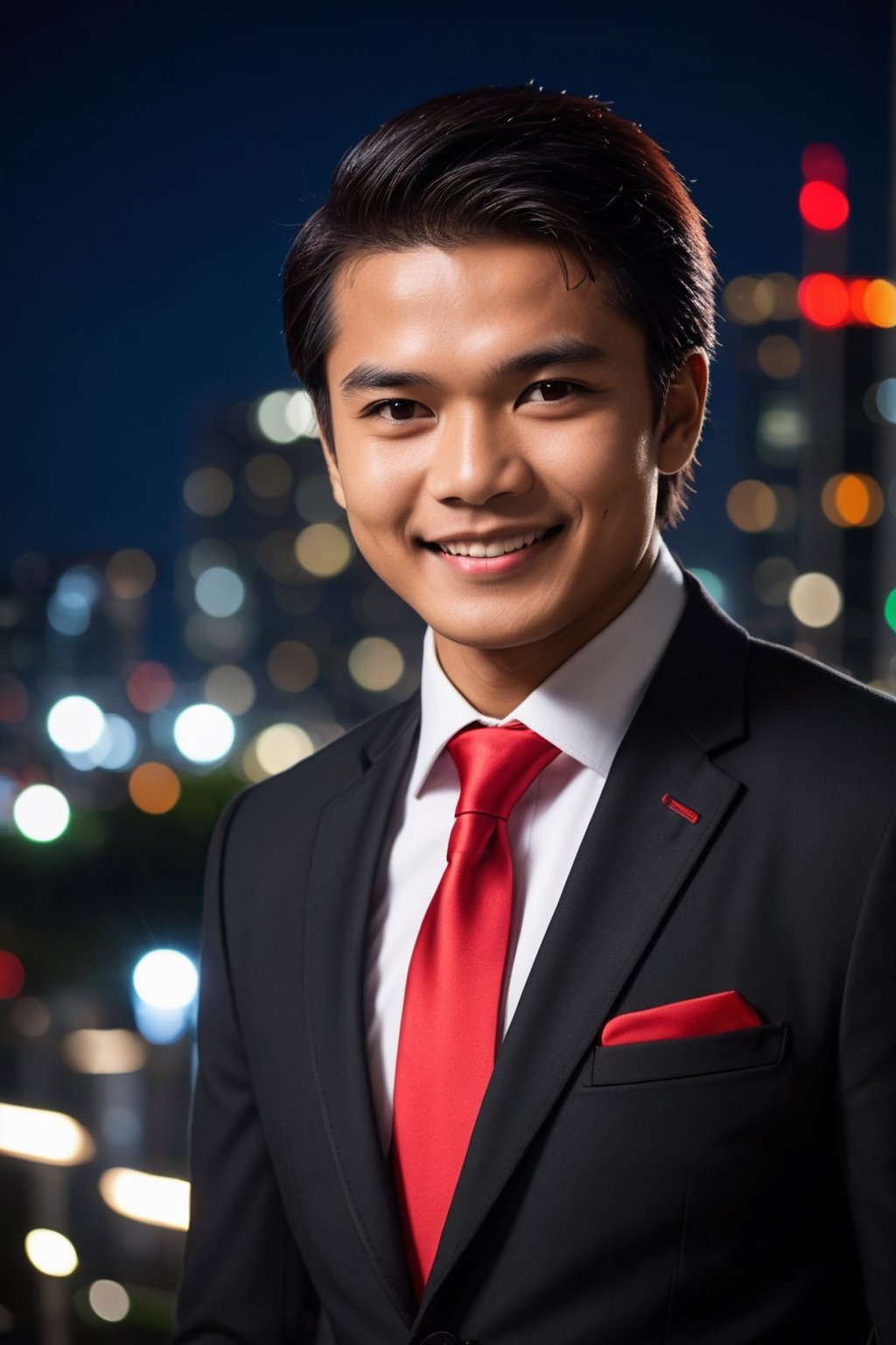 A vivid portrait capturing the essence of an Indonesian man, aged 23, standing confidently, revealing his entire physique with a luxurious black office suit and neat red tie, charismatic smile, dark brown eyes, hair parted to the left, 180 cm height, in an upscale urban setting with city lights in the background, Realistic Photography, Canon EOS 5D Mark IV, 85mm f/1.8 lens, f/4.0, ISO 100, 1/500 sec, ultra-bright lighting