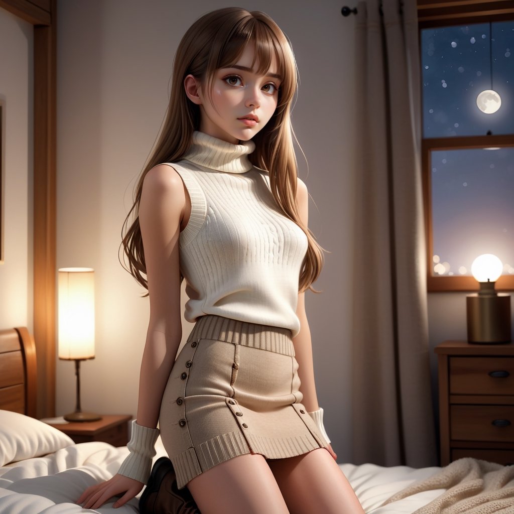 Reflected light, movie lighting, (eroticism: 1.3), 1 person, female, 20 years old, mysterious beautiful girl, delicate features, light brown hair, straight long hair, hanging hairstyle, (parting, bangs: 1.45), dynamic pose, (white turtleneck sleeveless knit sweater, bodycon cargo miniskirt), long boots, full moon night, bedroom, soft focus, excessive overexposure,
Airy Photo, Artstation Trend, (Full Body Portrait, Full Body Esbian),