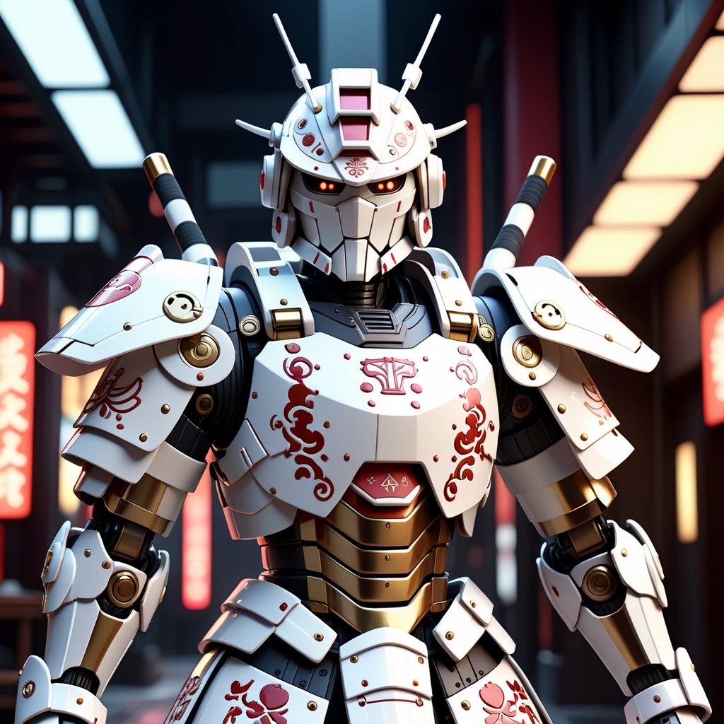 (masterpiece, best quality:1.5), EpicLogo, samurai armor ,robot, white armor, white face, look on viewer,Ten-Ten word on armor, pixel style, central view, cute, hues, Movie Still, cyberpunk, cinematic scene, intricate mech details, ground level shot, 8K resolution, Cinema 4D, Behance HD, polished metal, shiny, data, white background,Visual_Illustration,ULTIMATE LOGO MAKER [XL]