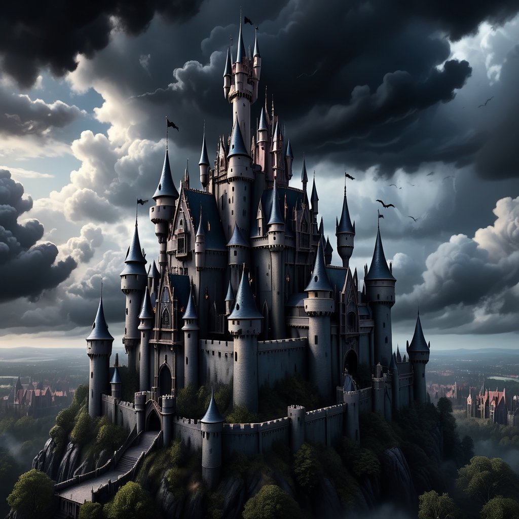 A mysterious castle in the style of Gothic art with an aerial viewpoint, RAW Photo, Disney incorporated, highly rendered realistic, threatning clouds, intricate background, fantasy horror art, photorealistic dark concept art, in style of dark fantasy art, detailed 8k horror artwork,  

darkart