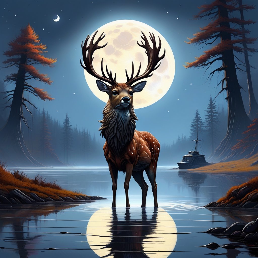 Detailed fine art print of a (Beautiful Deer, fluffy) standing in a moonlit beam, professional sinister concept art, by Art germ and Greg Rutkowski, water, reflection, an intricate, elegant and highly detailed digital painting, concept art , sharp soft focus, illustration, in the style of Simon Stalenhag, Wayne Barlowe and Igor Kierluk, an intricate, elegant and highly detailed digital painting, conceptual art award, colorful sharp soft focus, illustration, in the style of simon stalenhag, wayne barlowe and igor kieryluk.