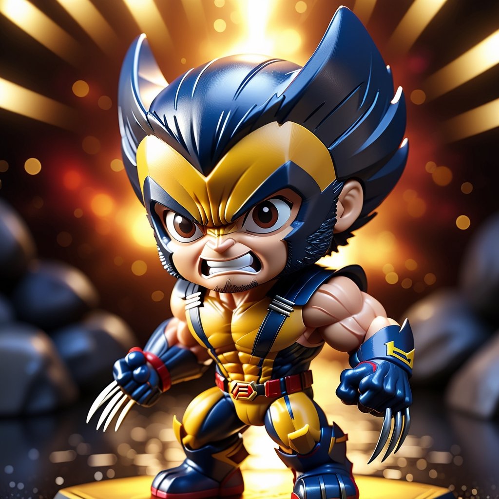 close up angle of (( toy),( 3d Wolverine figure ))(lightning) detailed focus, deep bokeh, beautiful, , dark cosmic background. Visually delightful , 3D,more detail XL,chibi